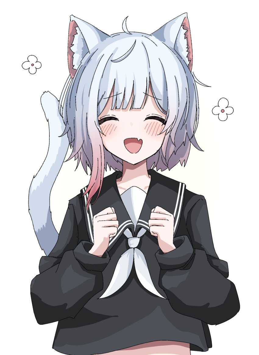 1girl, animal_ears, black_sailor_collar, black_serafuku, cat_ears, cat_tail, closed_eyes, commentary_request