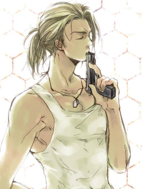 11mochi15, blonde_hair, brown_hair, closed_eyes, end_of_eternity, gun, jewelry, kiss