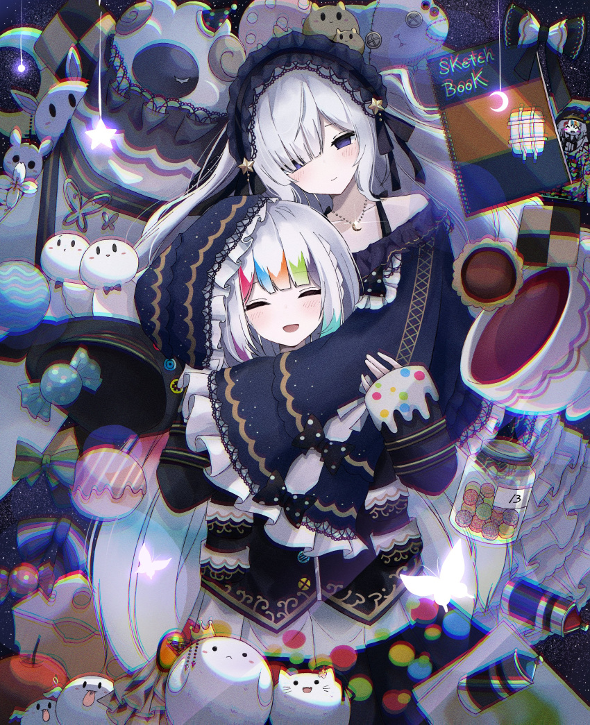 absurdly_detailed_composition, absurdres, beret, blue_hairband, bow, commentary_request, crescent, crescent_necklace