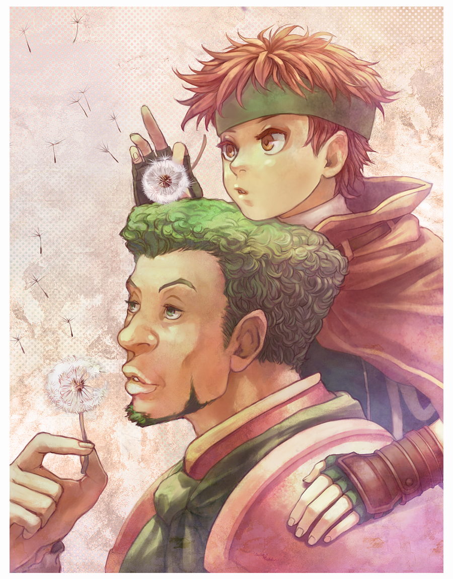 2boys, blowing, bonjour, border, commentary_request, dandelion, dandelion_clock, dandelion_seed