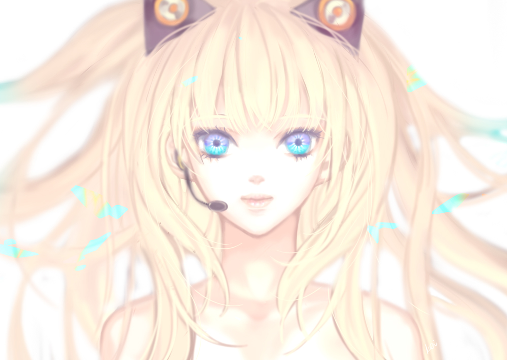 animal_ears, blonde_hair, blue_eyes, face, headset, kei_(seona2020), lips, long_hair