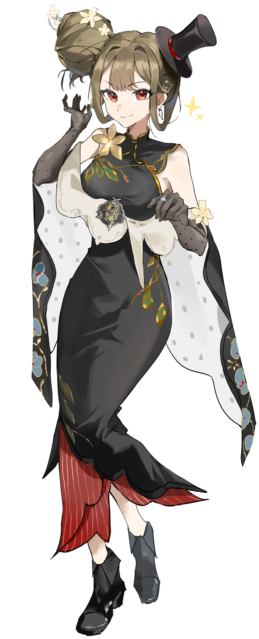 1girl, :3, absurdres, bare_shoulders, black_dress, black_gloves, black_hat, black_shoes