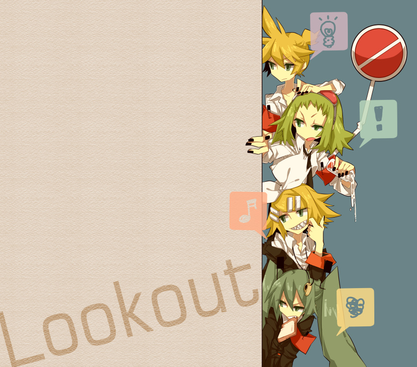 blonde_hair, green_eyes, green_hair, grin, gumi, hair_ornament, hair_ribbon, hairclip, haru_(oomr005), hatsune_miku, highres, kagamine_len, kagamine_rin, mouth_hold, musical_note, necktie, peeking_out, ribbon, short_hair, sign, smile, twintails, vocaloid