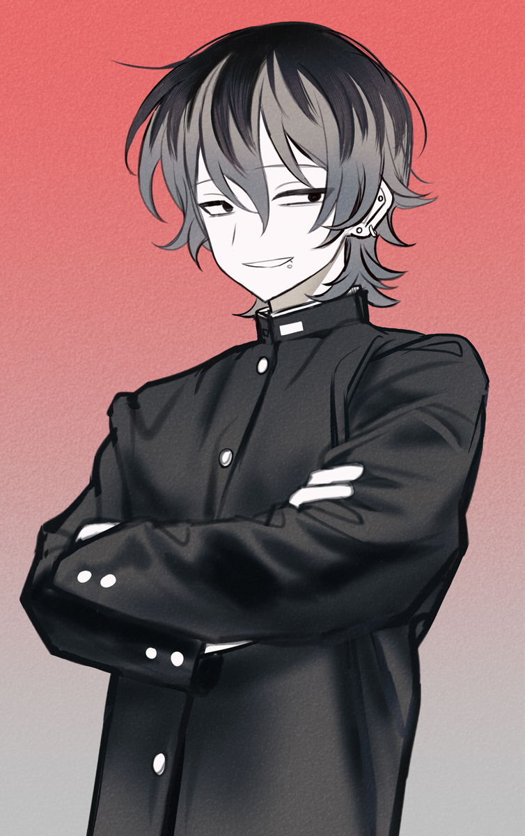 1boy, black_jacket, buttoned_cuffs, buttons, commentary_request, crossed_arms, ear_piercing, face_piercing