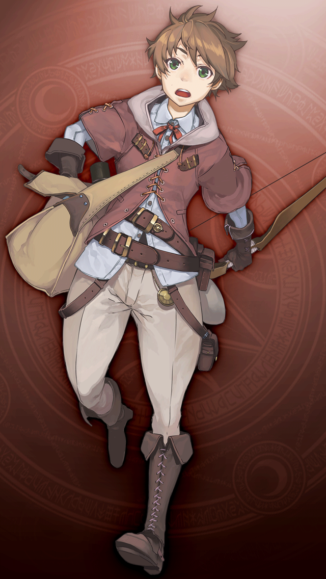1boy, bag, belt, belt_buckle, belt_pouch, boots, bow_(weapon), brown_background