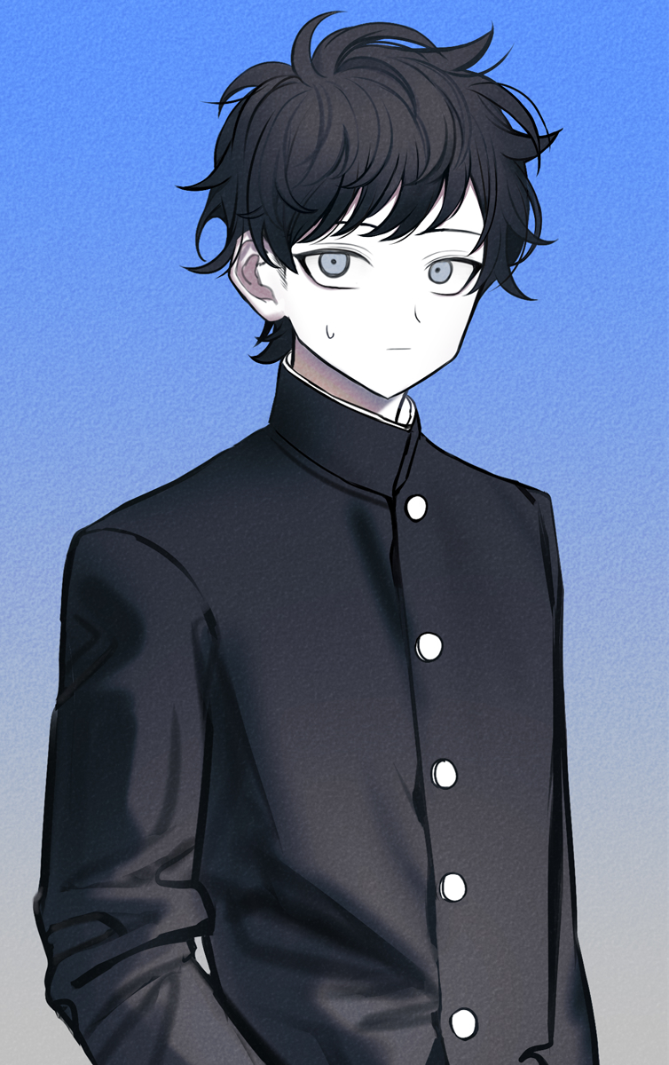 1boy, black_hair, black_jacket, blue_background, buttons, commentary_request, expressionless, futsuu_no_keion-bu