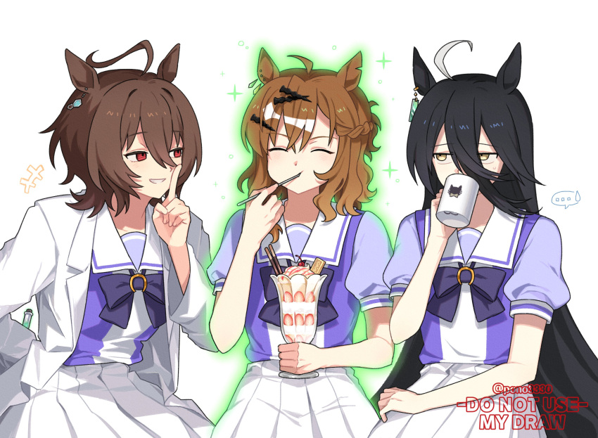 +++, ..., 3girls, :t, ^_^, agnes_tachyon_(umamusume), ahoge, animal_ear_piercing