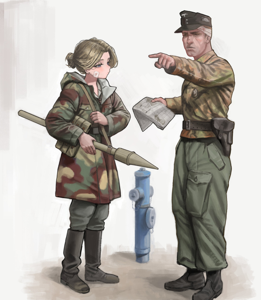1boy, 1girl, absurdres, ammunition_pouch, bandaged_head, bandages, belt, black_boots