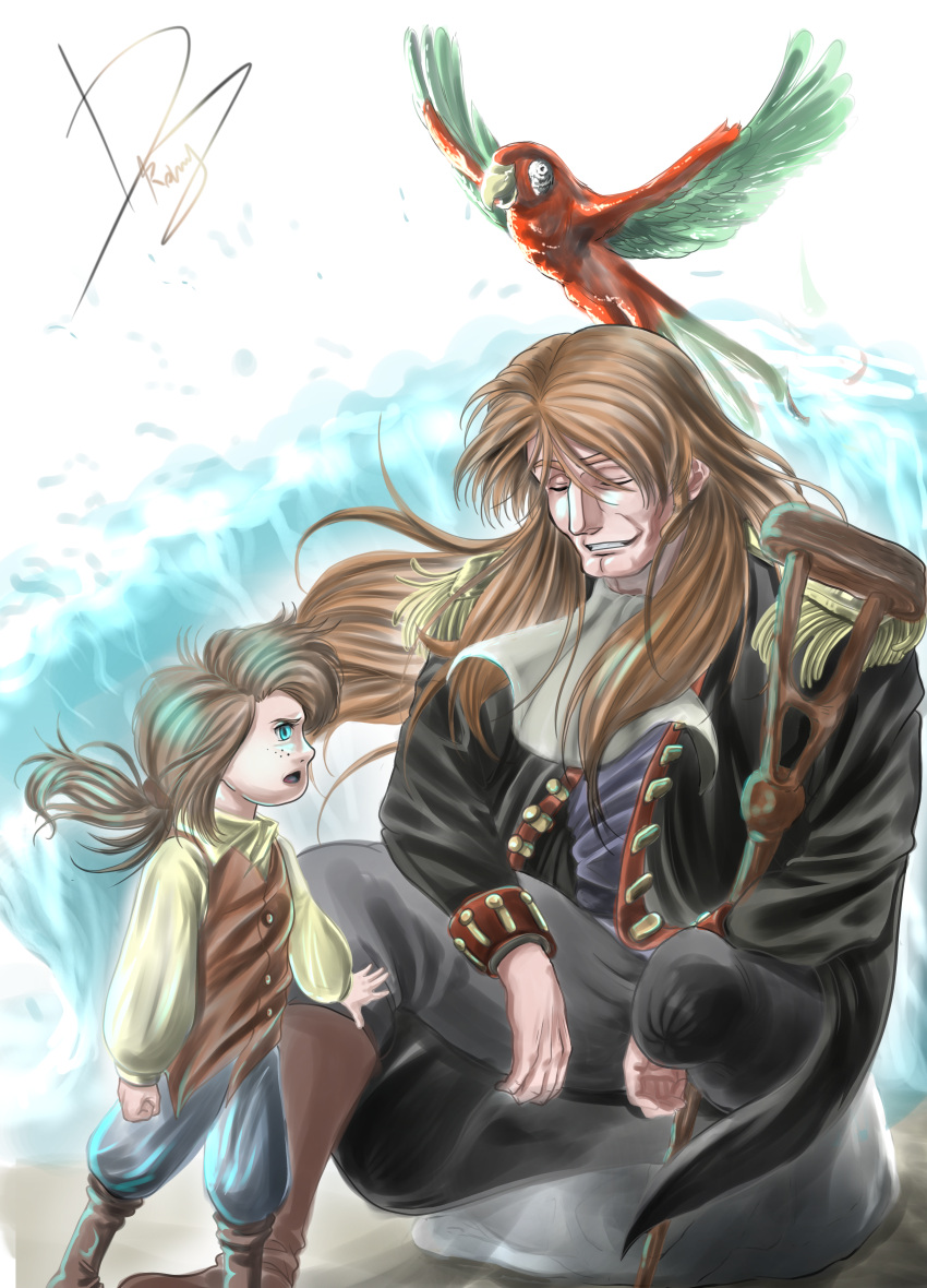 absurdres, bird, duke_ramy, highres, island, non-web_source, ocean, osamu_dezaki_(style)