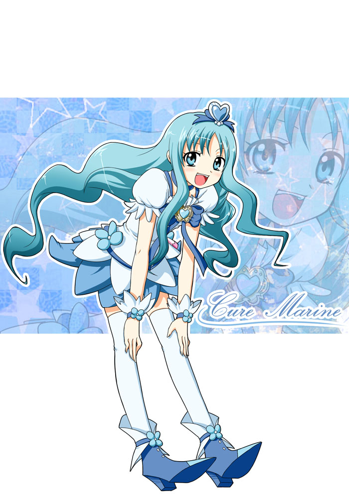 :d, blue, blue_background, blue_eyes, blue_hair, bow, character_name, choker, cure_marine, dress, flower, hair_ornament, hair_ribbon, hairpin, happy, heart, heartcatch_precure!, kashii_yutaka, kurumi_erika, leaning_forward, long_hair, magical_girl, open_mouth, precure, ribbon, shoes, smile, solo, thigh-highs, thighhighs, white_legwear, wrist_cuffs, zoom_layer