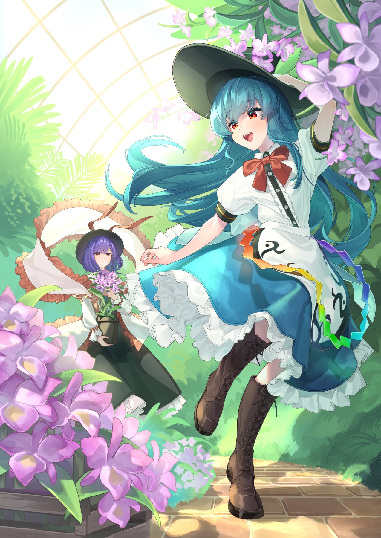 2girls, :d, apron, black_hat, black_skirt, blue_hair, blue_skirt, blush, boots, bow, bowtie, brown_boots, collared_shirt, commentary_request, dendrobium, flower, flower_pot, frilled_ribbon, frills, garden, greenhouse, hagoromo, hand_on_headwear, hat, hat_ribbon, highres, hinanawi_tenshi, holding, holding_flower, holding_flower_pot, long_hair, long_sleeves, looking_to_the_side, medium_hair, multiple_girls, nagae_iku, open_mouth, petticoat, pink_flower, plant, potted_plant, puffy_short_sleeves, puffy_sleeves, purple_hair, rainbow_gradient, red_bow, red_bowtie, red_eyes, red_ribbon, ribbon, shawl, shirt, short_sleeves, skirt, smile, sun_glare, teeth, touhou, upper_teeth_only, wankosoba_(wanwan_soba), white_apron, white_shirt
