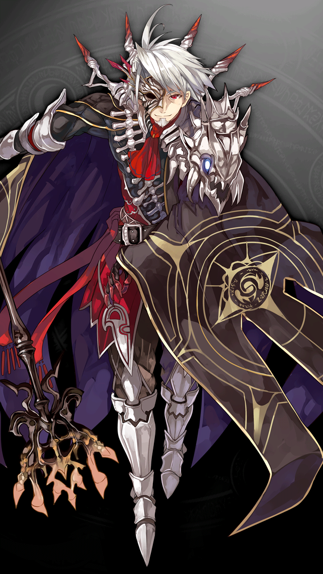 1boy, armor, armored_boots, ascot, beard, belt, belt_buckle, black_belt, black_cape, bone_armor, boots, buckle, cape, closed_mouth, eye_mask, facial_hair, full_body, game_asset, grey_boots, grey_hair, grimms_notes, holding, holding_staff, looking_at_viewer, male_focus, mask, non-web_source, official_art, pauldrons, purple_cape, red_ascot, red_eyes, shibano_kaito, short_hair, shoulder_armor, single_pauldron, sir_morte_(grimms_notes), smile, solo, spiky_hair, split_mouth, staff, two-sided_cape, two-sided_fabric
