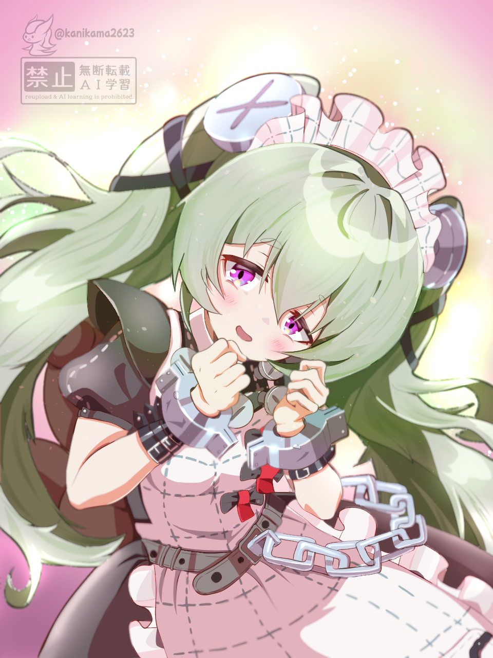 1girl, animal_bag, apron, bear_bag, belt, black_dress, blush, chain, corin_wickes, cowboy_shot, dress, green_hair, hair_between_eyes, hands_up, highres, kanikama2623, long_hair, looking_at_viewer, maid, maid_apron, maid_headdress, open_mouth, puffy_short_sleeves, puffy_sleeves, screw_hair_ornament, short_sleeves, smile, solo, twintails, violet_eyes, watermark, white_apron, zenless_zone_zero