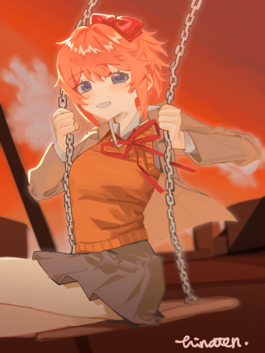 1girl, artist_name, blue_eyes, bow, brown_vest, commentary, doki_doki_literature_club, doki_doki_literature_club_school_uniform
