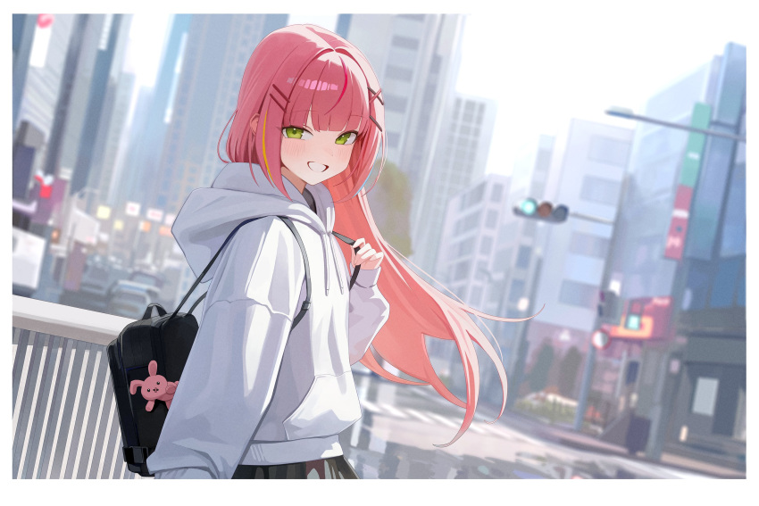 1girl, animal_charm, arm_at_side, backpack, bag, bag_charm, black_bag, blurry