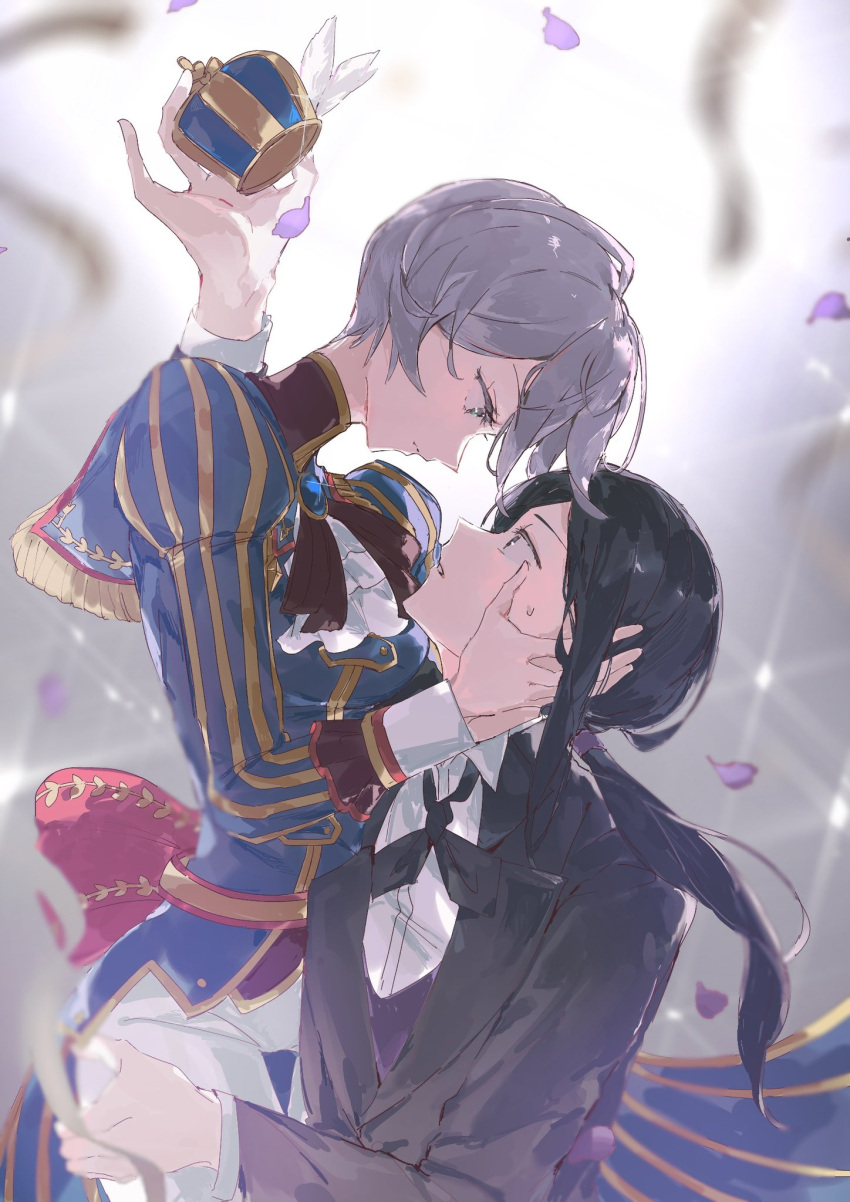 1boy, 1girl, andou_rei, black_hair, black_jacket, blue_jacket, blurry, blurry_background