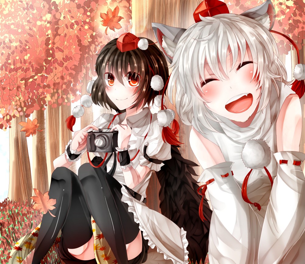 :d, against_tree, animal_ears, autumn, black_legwear, brown_hair, camera, closed_eyes, detached_sleeves, eyes_closed, fang, grey_hair, happy, hat, inubashiri_momiji, leaf, mahiron-atori, multiple_girls, open_mouth, red_eyes, rukito, shameimaru_aya, sitting, smile, thigh-highs, thighhighs, tokin_hat, touhou, tree, wings, wolf_ears, wrist_cuffs