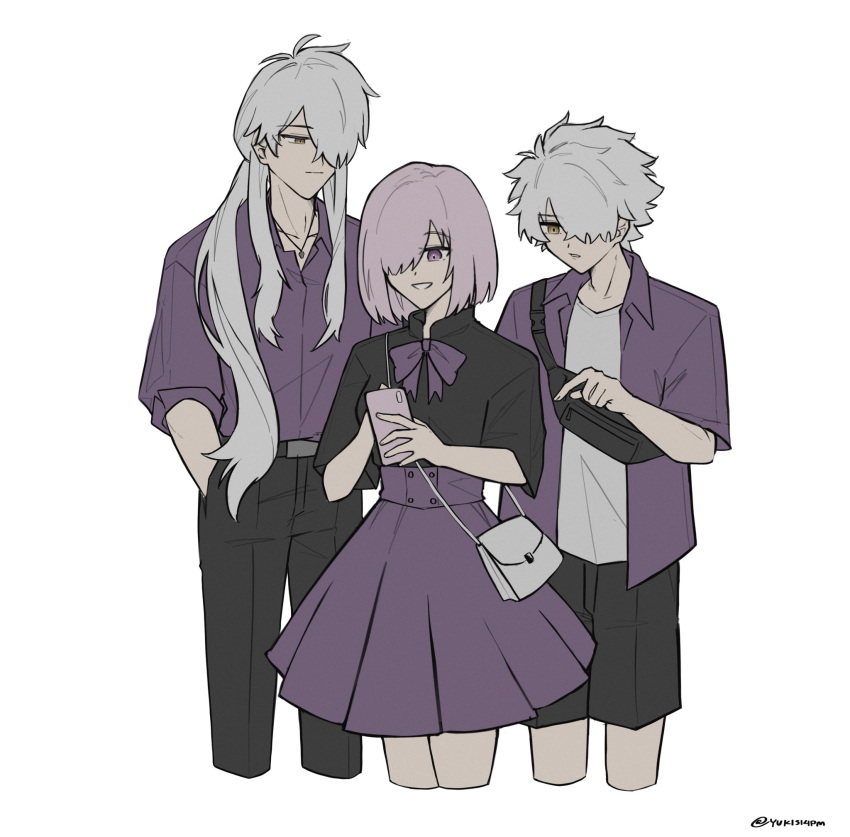 1girl, 2boys, bag, black_pants, black_shorts, breasts, cellphone, commentary