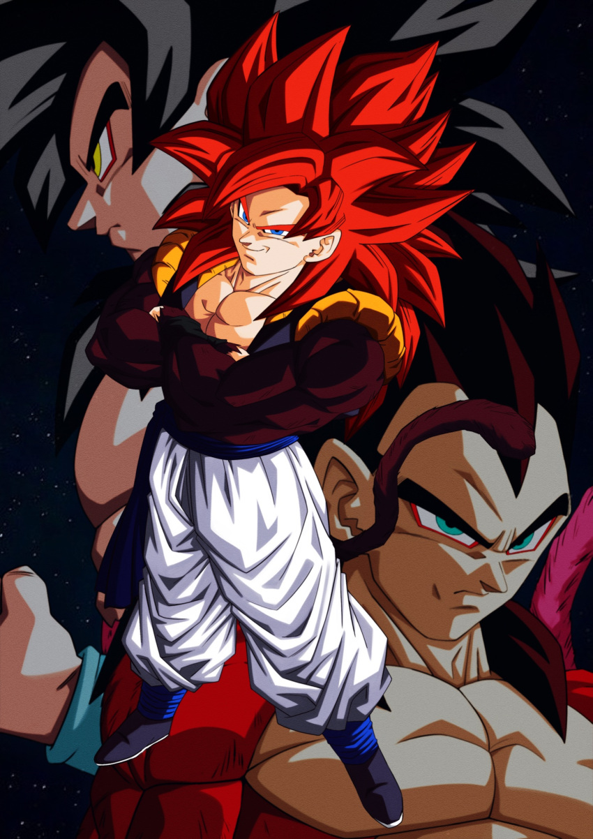 3boys, commentary_request, dragon_ball, dragon_ball_gt, fusion, gogeta, highres, male_focus, metamoran_vest, monkey_boy, monkey_tail, multiple_boys, red_fur, saiyan, son_goku, super_saiyan, super_saiyan_4, taidon0879, tail, vegeta