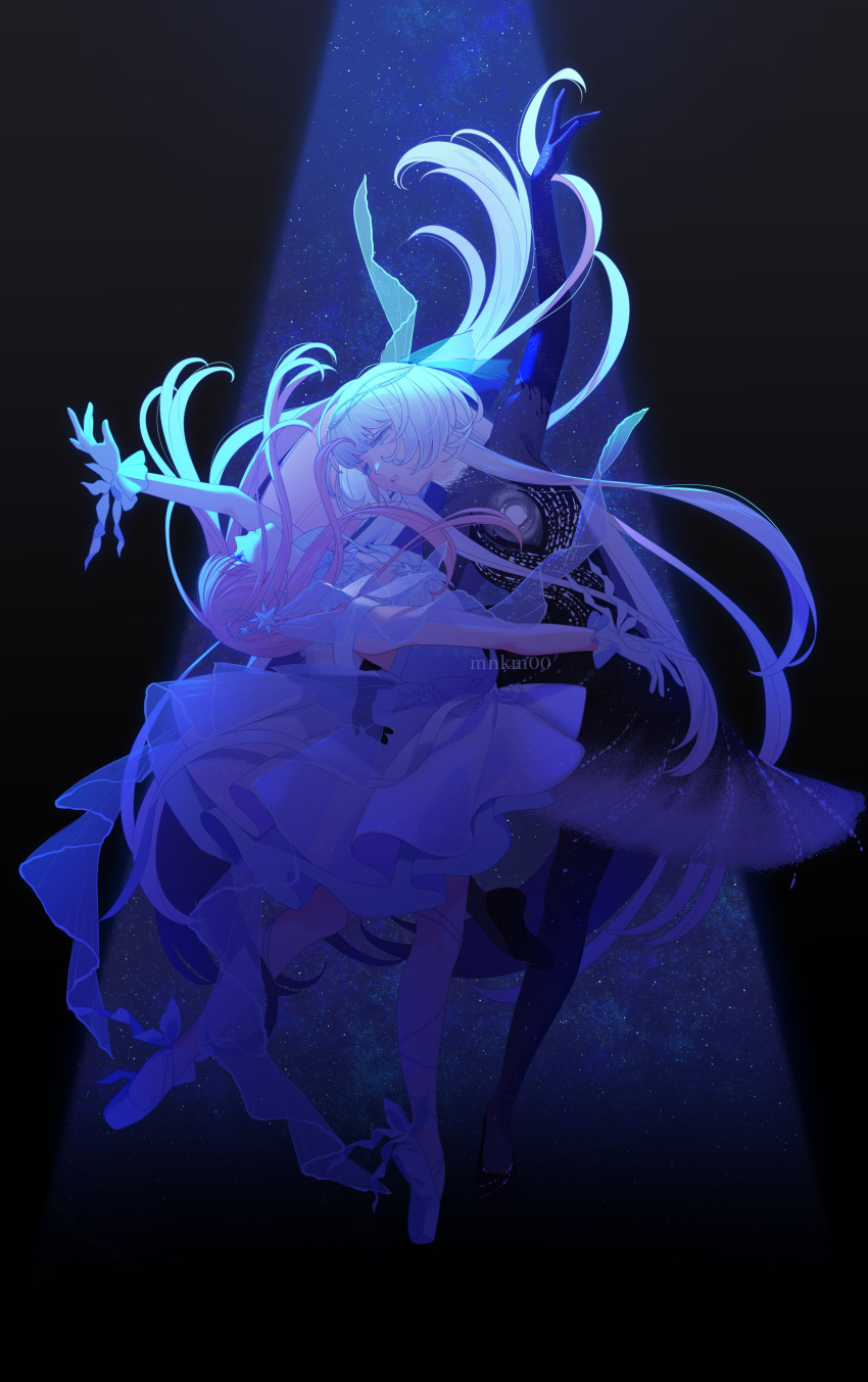 2girls, absurdres, ankle_bow, arm_around_another's_waist, arm_up, artist_name, back_bow, ballet