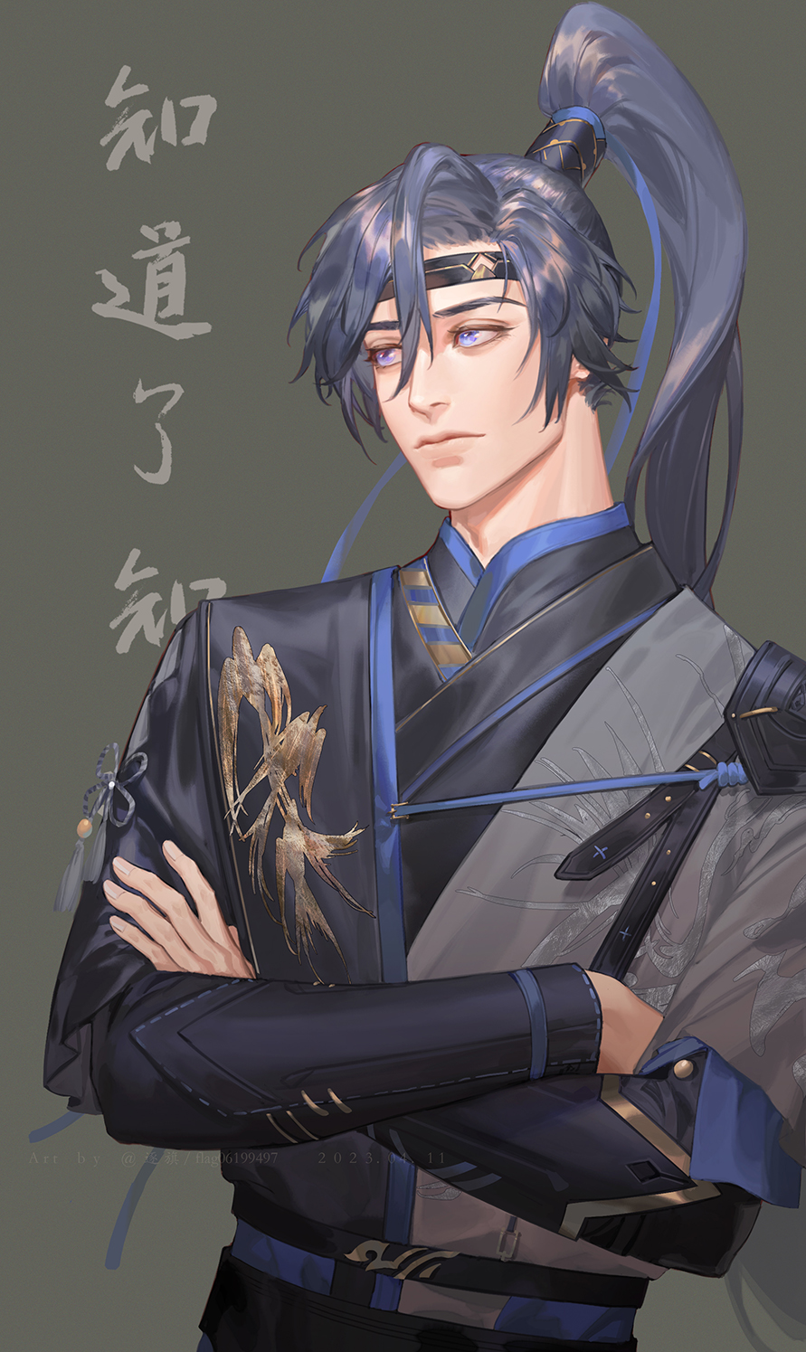1boy, black_hair, black_hanfu, black_headband, chinese_clothes, closed_mouth, code:_kite, flag_(99199861)