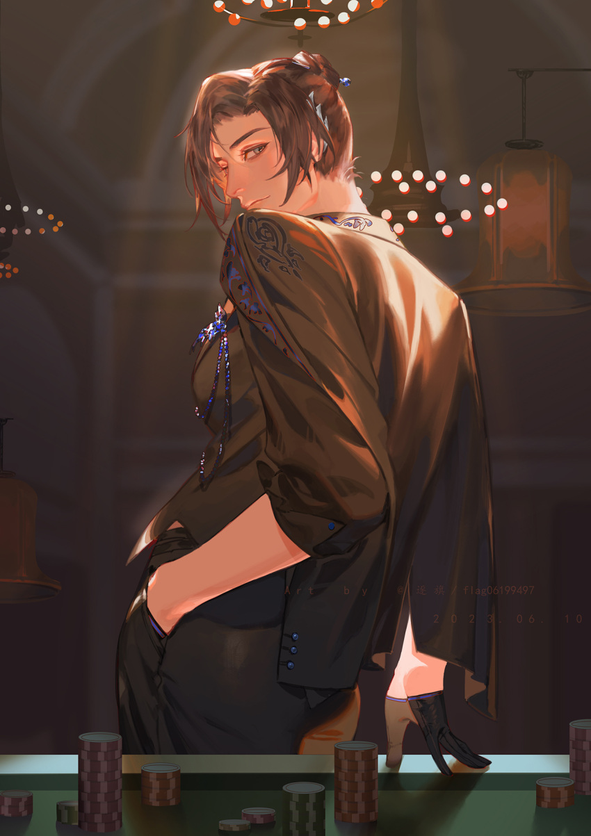 1girl, black_gloves, brown_eyes, brown_hair, casino, chinese_clothes, closed_mouth, code:_kite