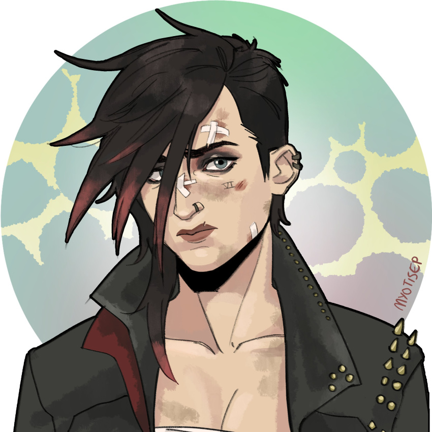 1girl, absurdres, arcane:_league_of_legends, bandages, black_hair, black_jacket, blue_eyes, closed_mouth