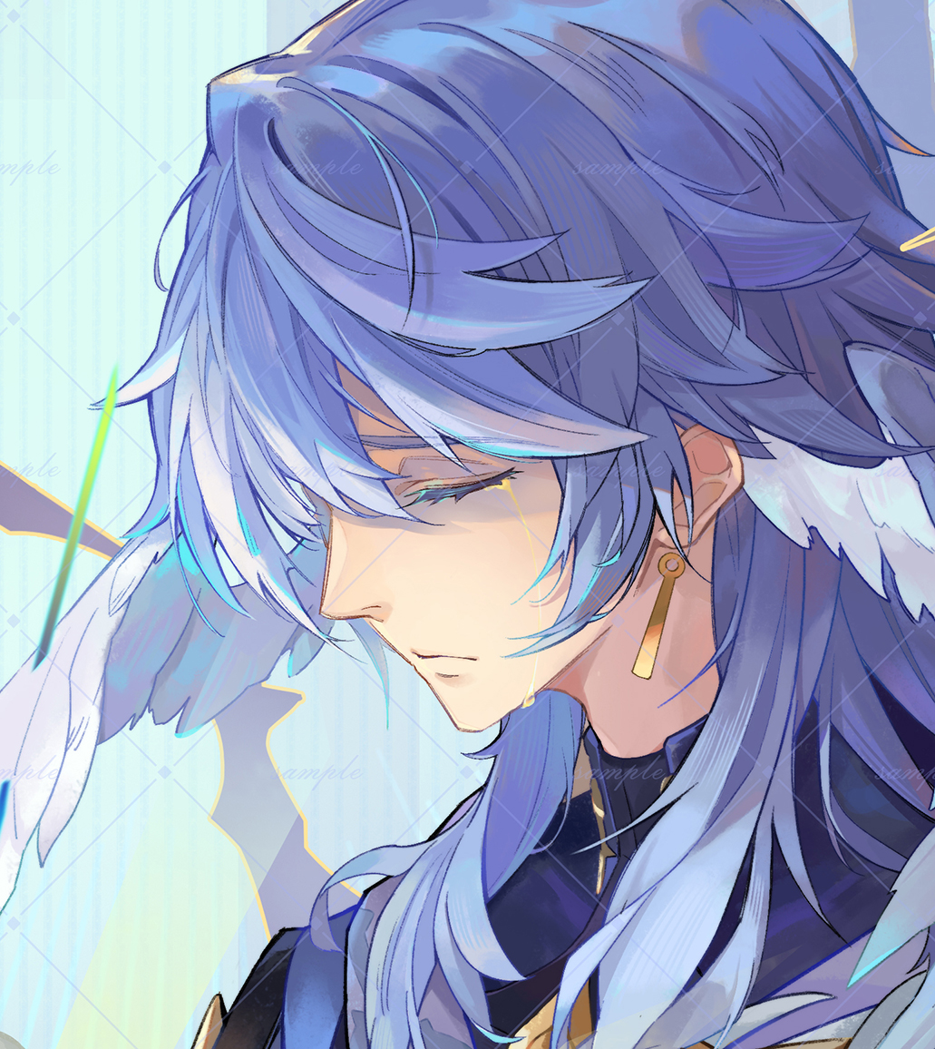 1boy, closed_eyes, closed_mouth, commentary_request, crying, earrings, gold_tears, grey_hair, hair_between_eyes, head_wings, honkai:_star_rail, honkai_(series), jewelry, long_hair, male_focus, sanri33, simple_background, solo, sunday_(honkai:_star_rail), tears, white_wings, wings