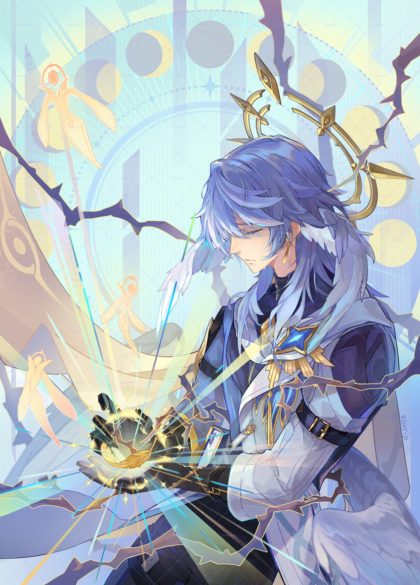 1boy, closed_eyes, closed_mouth, commentary_request, earrings, feathered_wings, gloves, grey_hair, halo, halo_behind_head, head_wings, highres, holding, honkai:_star_rail, honkai_(series), jacket, jewelry, long_hair, long_sleeves, male_focus, sanri33, shirt, simple_background, solo, sunday_(honkai:_star_rail), white_wings, wings
