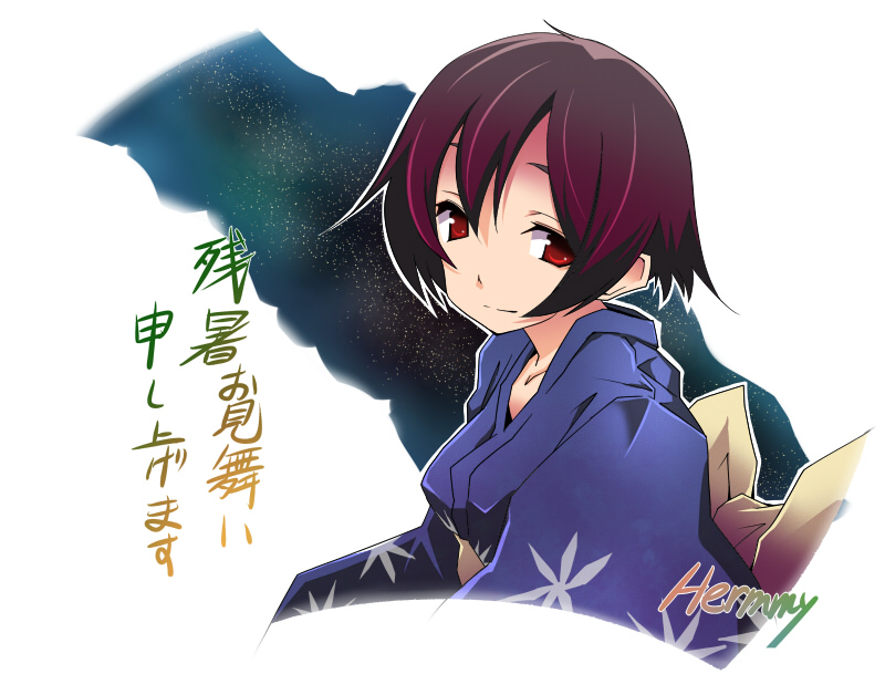 1girl, brown_hair, character_request, hermmy, japanese_clothes, kimono, original, red_eyes