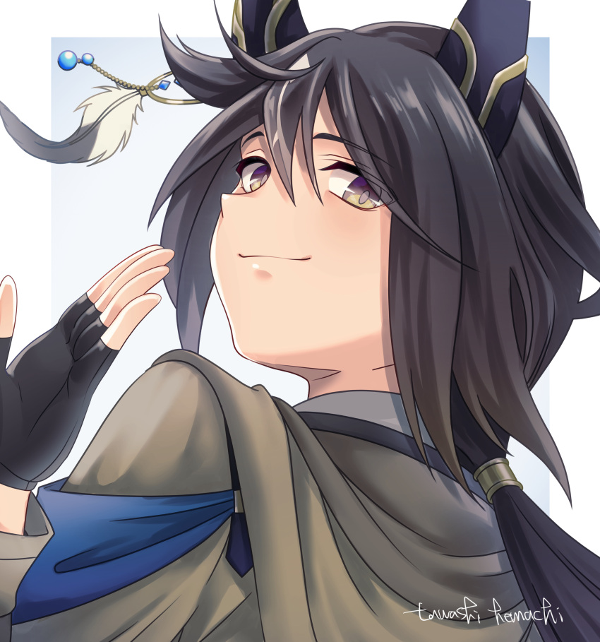 1girl, absurdres, animal_ears, artist_name, black_gloves, black_hair, border, coat