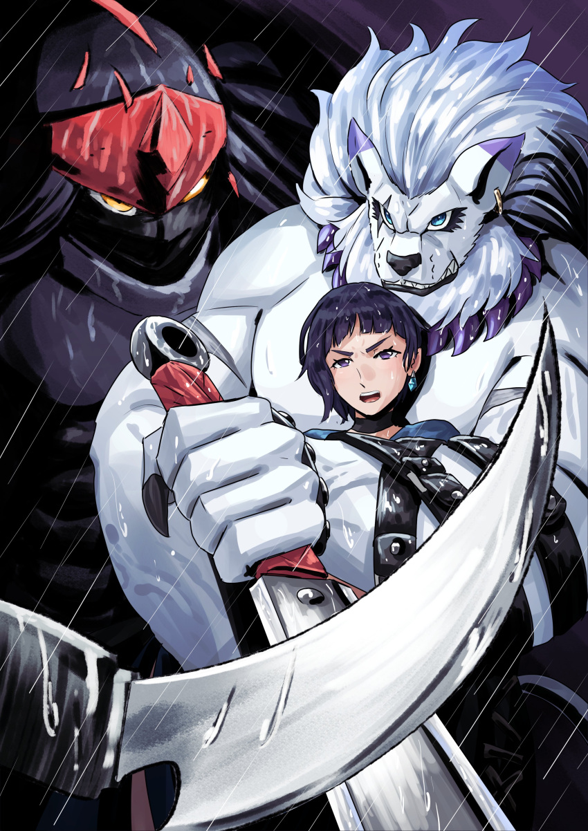 1girl, 2boys, absurdres, animal_ears, belt, black_claws, blue_eyes, choker