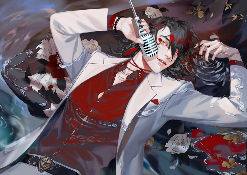 1boy, black_hair, black_nails, earrings, flag_(99199861), highres, holding, holding_microphone, jacket, jewelry, long_hair, long_sleeves, looking_at_viewer, makeup, male_focus, microphone, multicolored_hair, nijisanji, nijisanji_en, partially_submerged, red_hair, red_shirt, shirt, smile, solo, streaked_hair, virtual_youtuber, vox_akuma, water, wet, yellow_eyes