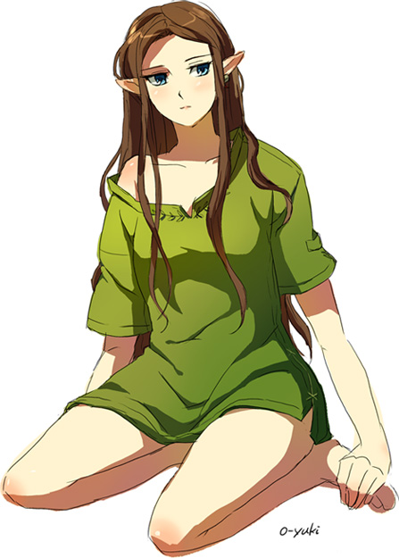 blue_eyes, blush, brown_hair, earrings, elf, hands_on_feet, jewelry, kneeling, long_hair, looking_away, nintendo, o-yuki, off_shoulder, pointy_ears, princess_zelda, signature, simple_background, solo, the_legend_of_zelda, twilight_princess