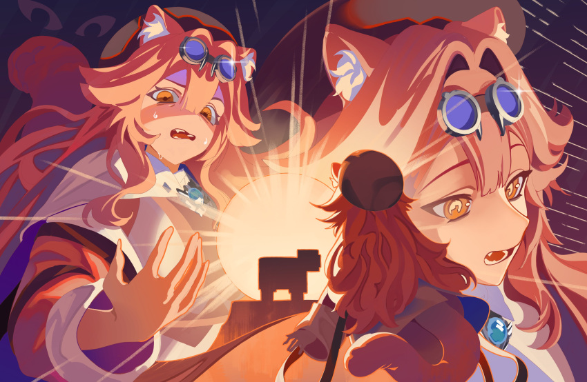 1girl, absurdres, animal_ears, beret, black_hat, center-flap_bangs, cloak, commentary