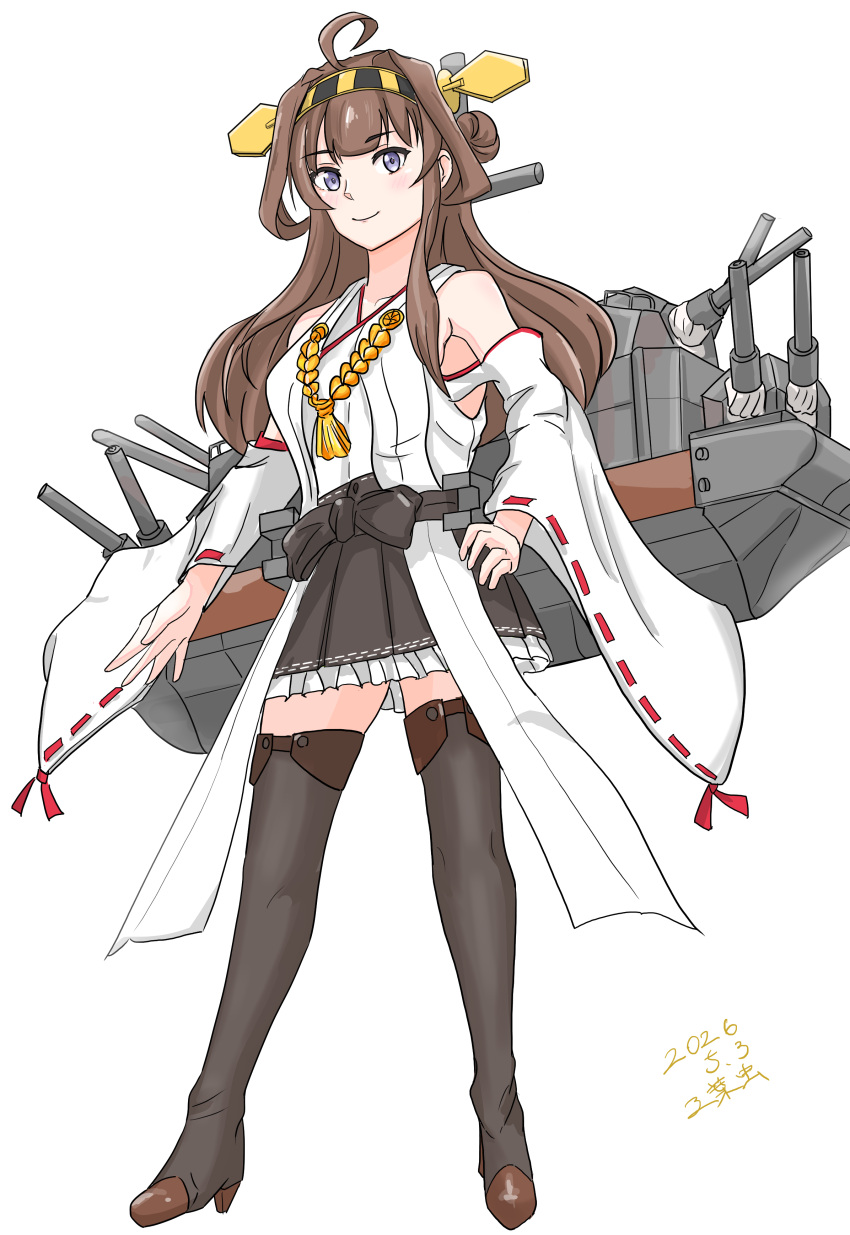 1girl, absurdres, ahoge, boots, brown_hair, cannon, clothing_cutout, commentary_request