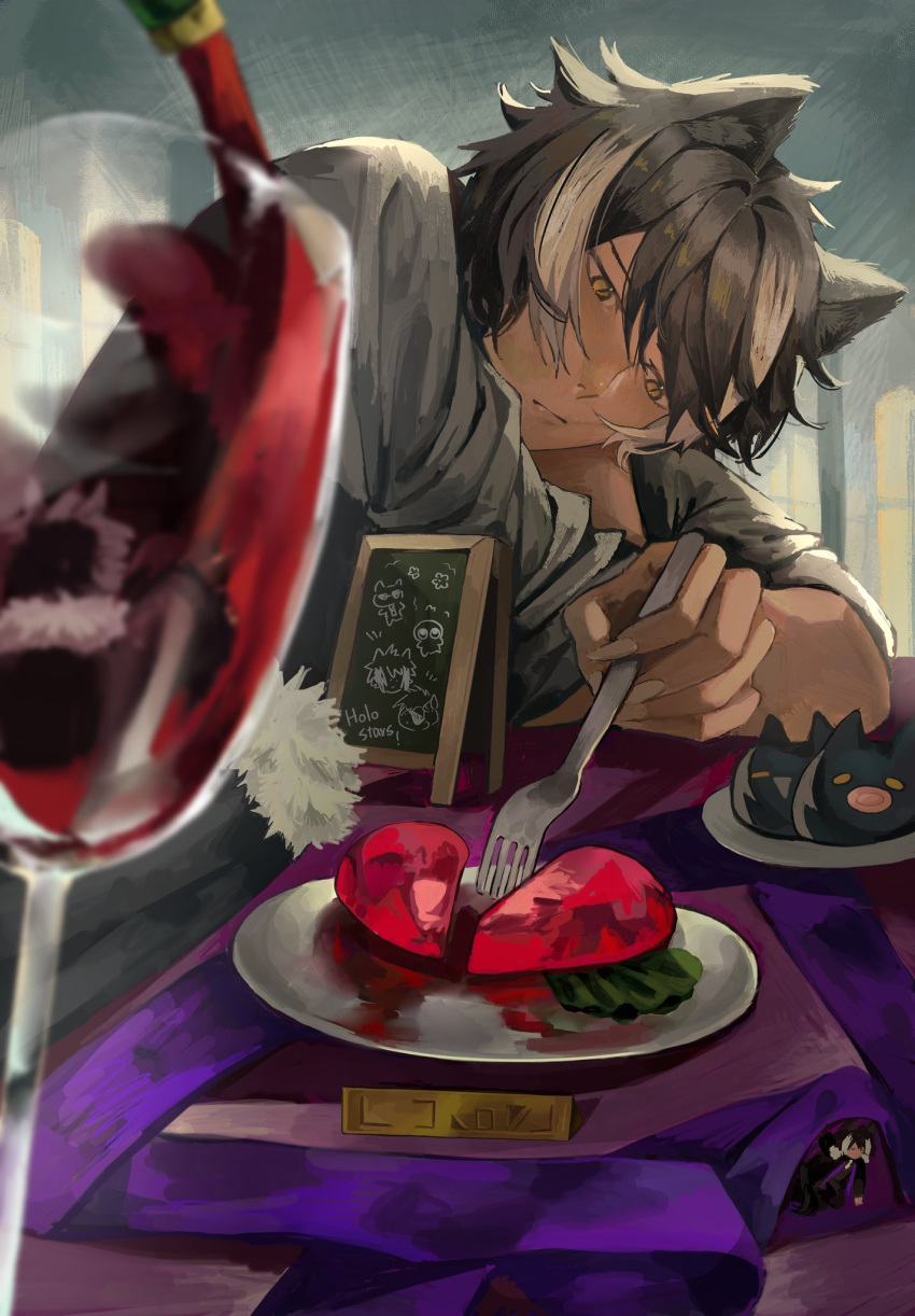 1boy, :/, alcohol, animal-themed_food, animal_ears, black_coat, black_hair, black_shirt, broken_heart, coat, cup, drinking_glass, dual_persona, food, fork, from_side, fur-trimmed_coat, fur_trim, hair_between_eyes, head_on_arm, heart, heart-shaped_food, highres, holding, holding_fork, holostars, indoors, jackal_boy, jackal_ears, kageyama_shien, kageyama_shien_(1st_costume), koyama_(kageyama_shien), looking_at_food, male_focus, menu_board, mini_person, miniboy, multicolored_hair, nakayama_(kageyama_shien), peila, plate, pouring, red_wine, shirt, short_hair, sleeves_rolled_up, solo_focus, table, tablecloth, two-tone_hair, under_covers, unworn_coat, upper_body, virtual_youtuber, white_hair, window, wine, wine_glass, yellow_eyes