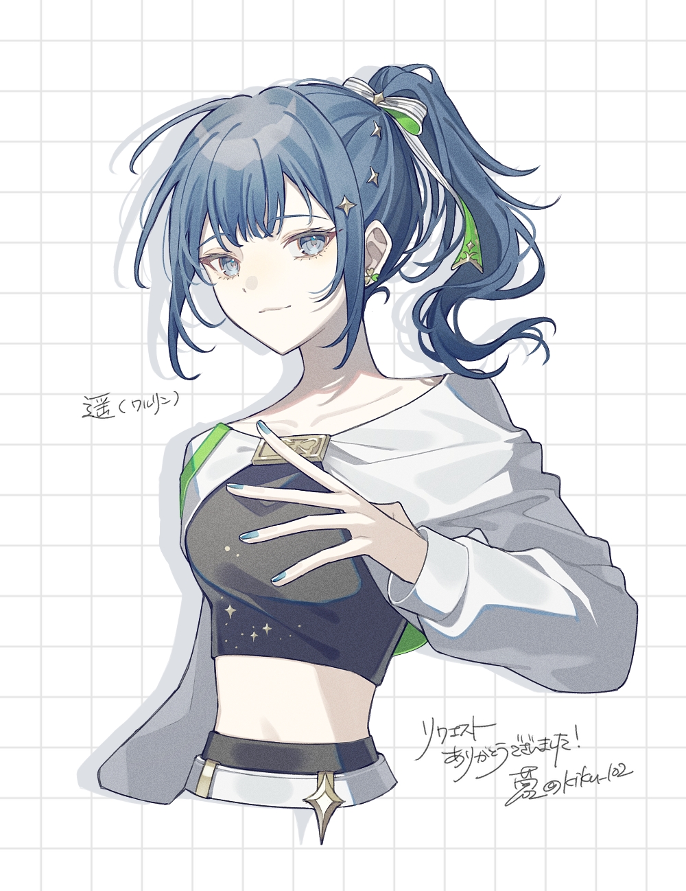 1girl, alternate_hair_length_(longer), arm_at_side, black_tube_top, blue_eyes, blue_hair, blue_nails, breasts