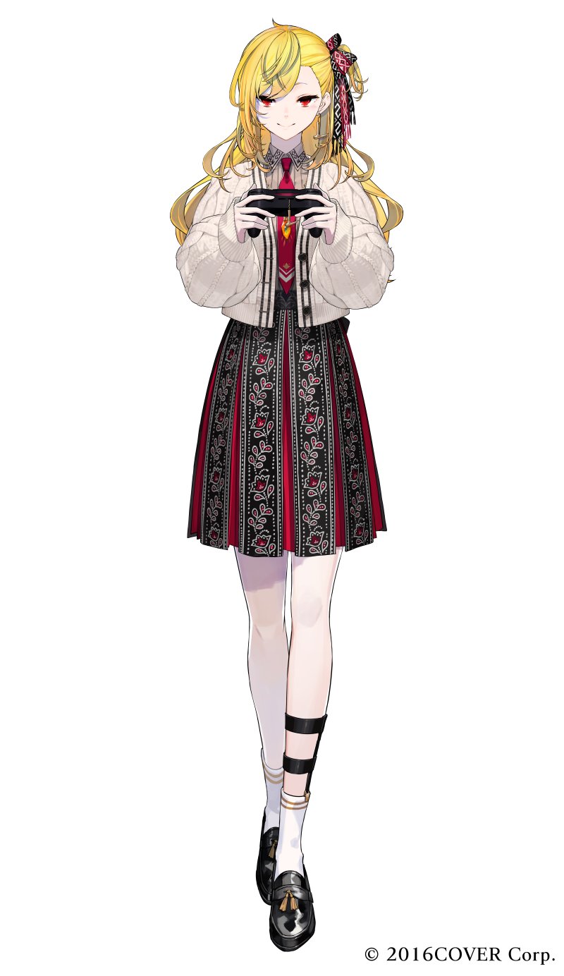 1girl, alternate_costume, black_shoes, black_skirt, blonde_hair, bow, brown_shirt, cardigan, collared_shirt, commentary_request, controller, copyright_notice, earrings, embroidery, floral_print, footwear_tassel, full_body, game_controller, hair_bow, highres, holding, holding_controller, holding_game_controller, hololive, jewelry, kaela_kovalskia, kaela_kovalskia_(indonesian_casual), legwear_garter, loafers, long_hair, looking_at_viewer, necktie, official_art, one_side_up, open_cardigan, open_clothes, red_eyes, red_necktie, red_skirt, ribbed_shirt, shirt, shoes, side_part, simple_background, skirt, smile, socks, solo, standing, straight-on, tachi-e, tassel, two-tone_skirt, ugonba_(howatoro), virtual_youtuber, white_background, white_cardigan, white_socks