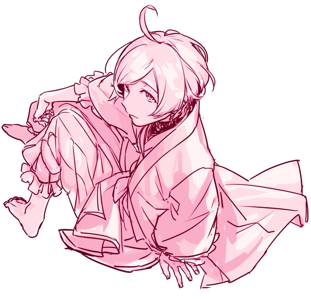1boy, ahoge, barefoot, closed_mouth, commentary_request, coral_earrings, elbow_on_knee, ensemble_stars!