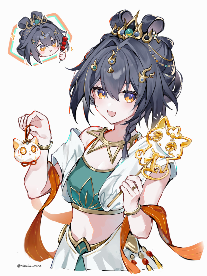 1girl, :d, alternate_costume, alternate_hairstyle, artist_name, bangle, black_hair, bracelet, braid, breasts, chibi, chibi_inset, chinese_clothes, commentary_request, crop_top, food, green_shirt, hair_between_eyes, hair_intakes, hair_ornament, hair_rings, highres, holding, holding_food, honkai:_star_rail, honkai_(series), jewelry, looking_at_viewer, midriff, multiple_views, navel, necklace, nirako_mona, official_alternate_costume, official_alternate_hairstyle, open_mouth, ring, shirt, side_braid, simple_background, small_breasts, smile, tanghua, tanghulu, twitter_username, white_background, yellow_eyes, yunli_(emberblaze)_(honkai:_star_rail), yunli_(honkai:_star_rail)