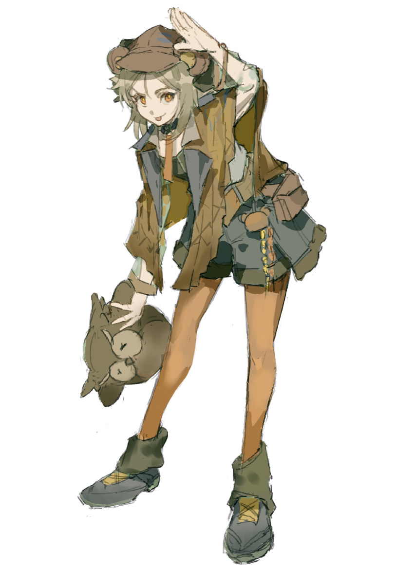 1girl, :p, absurdres, animal_ears, arknights, arm_above_head, bear_ears, blonde_hair