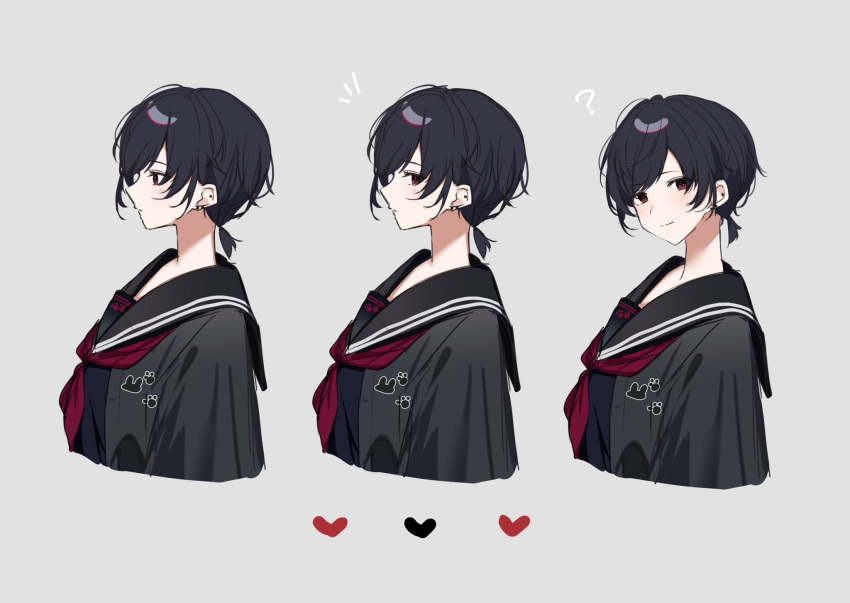 1girl, alternate_hairstyle, black_hair, black_serafuku, cardigan, cropped_torso, from_side, grey_background