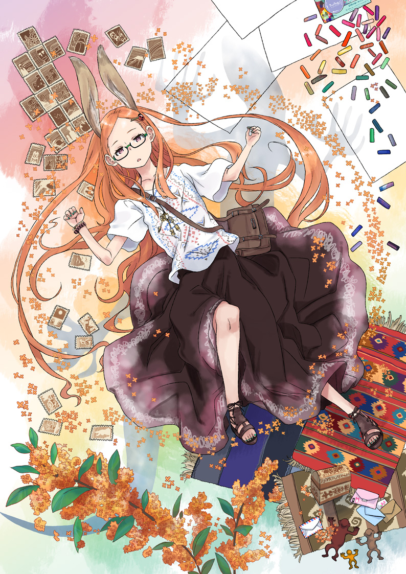 animal_ears, arekusa_mahon, bag, bracelet, brown_hair, bunny_ears, envelope, flower