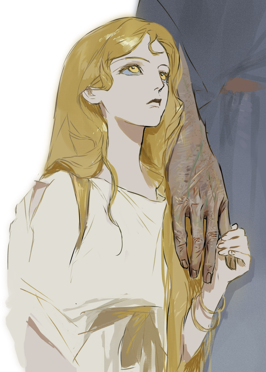 2boys, age_difference, ancient_greek_clothes, androgynous, apollo_(mythology), asclepius_(mythology), blonde_hair, bracelet, closed_mouth, father_and_child, father_and_son, gold_bracelet, greco-roman_clothes, greek_mythology, grey_robe, highres, holding_another's_finger, jewelry, long_hair, male_focus, multiple_boys, parent_and_child, robe, rora_(auroradiation), simple_background, sketch, solo_focus, upper_body, white_background, white_robe, yellow_eyes