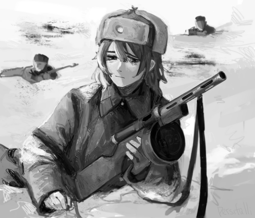 1girl, 2others, coat, collar_tabs, commentary, day, depressed, emblem
