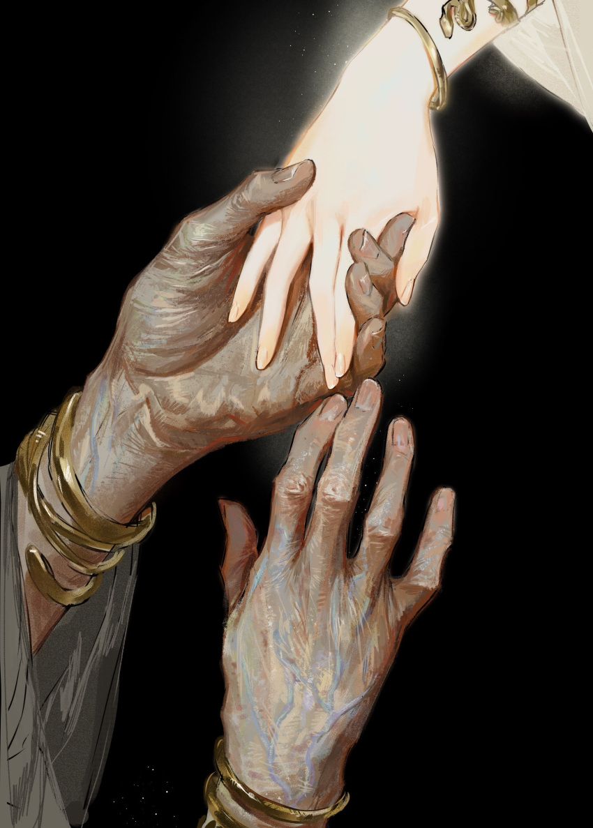 2boys, age_difference, androgynous, apollo_(mythology), asclepius_(mythology), black_background, blonde_hair, bracelet