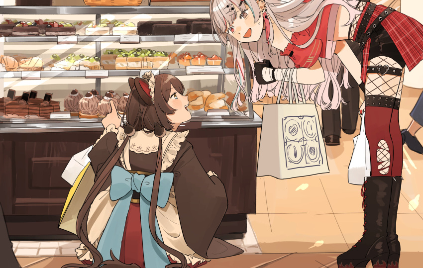 2girls, absurdres, animal_ears, back_bow, bag, bandaged_arm, bandages, belt