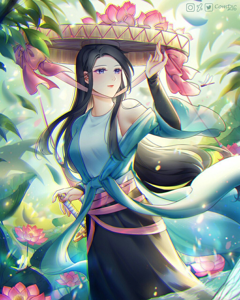 1girl, black_hair, blue_eyes, comt216, english_commentary, flower, flower_ornament, hat