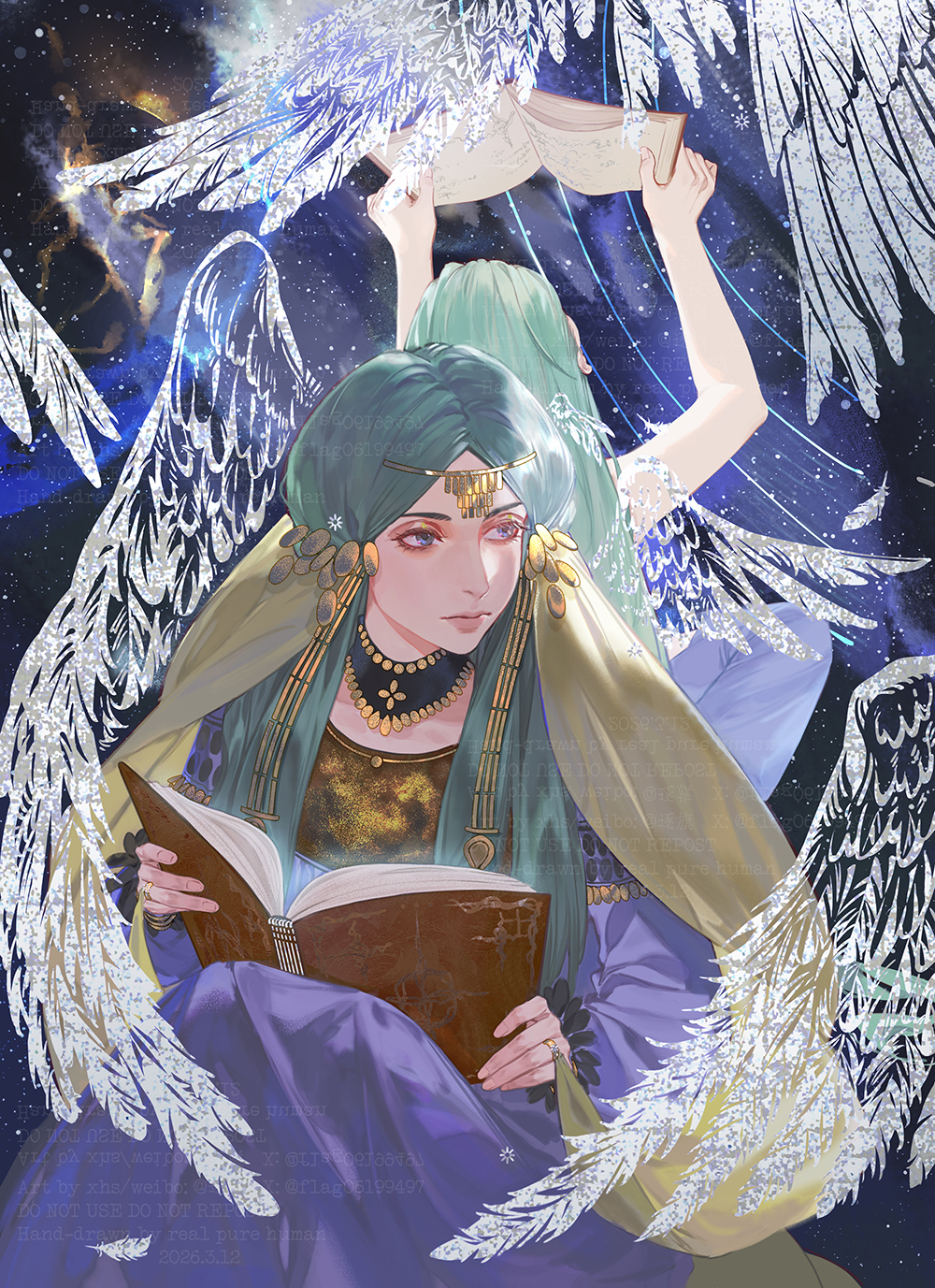 2girls, angel_wings, blue_eyes, book, circlet, dress, earrings, feathered_wings